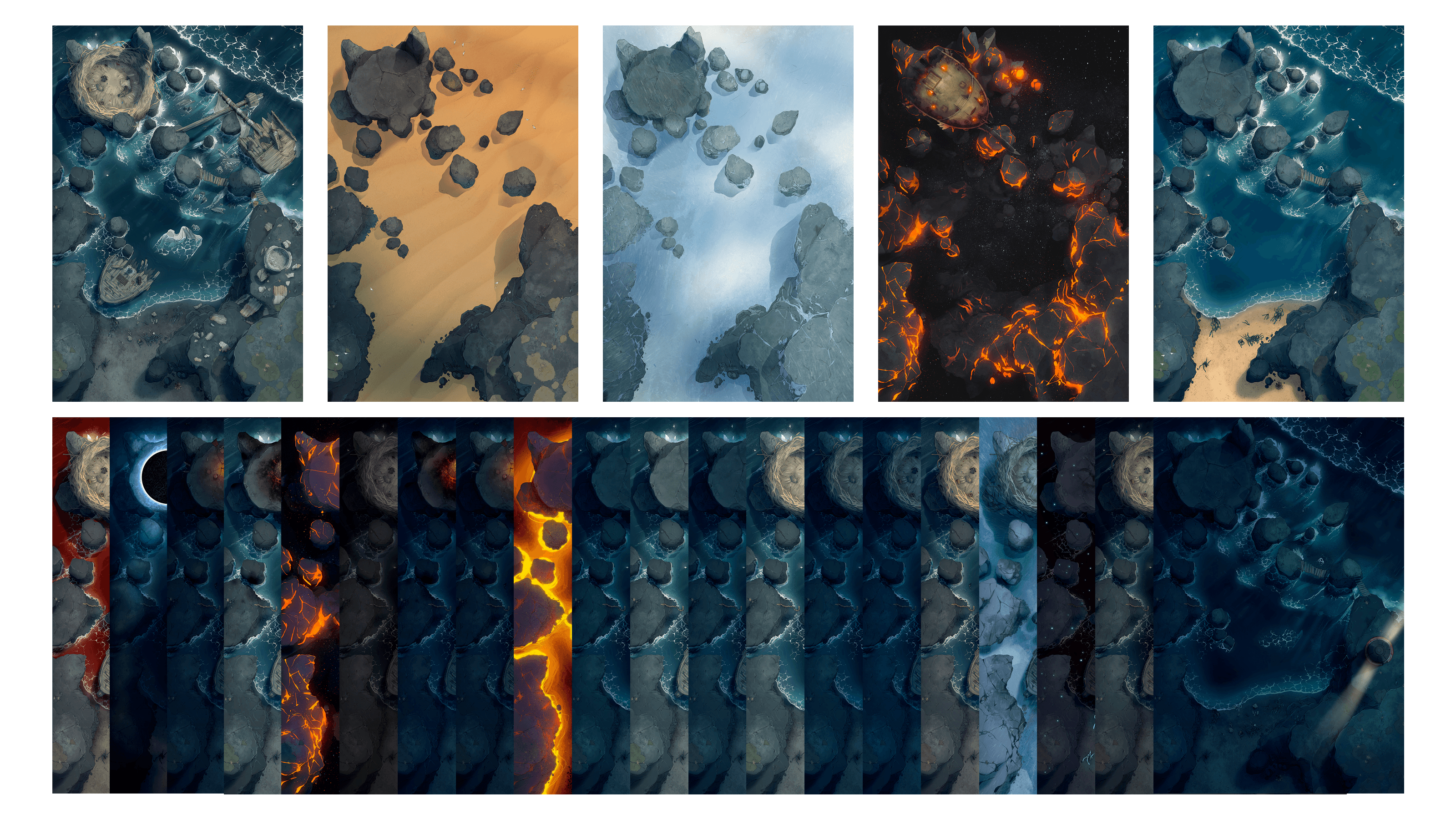 One map with several variations, including ocean, desert, tundra, and volcano