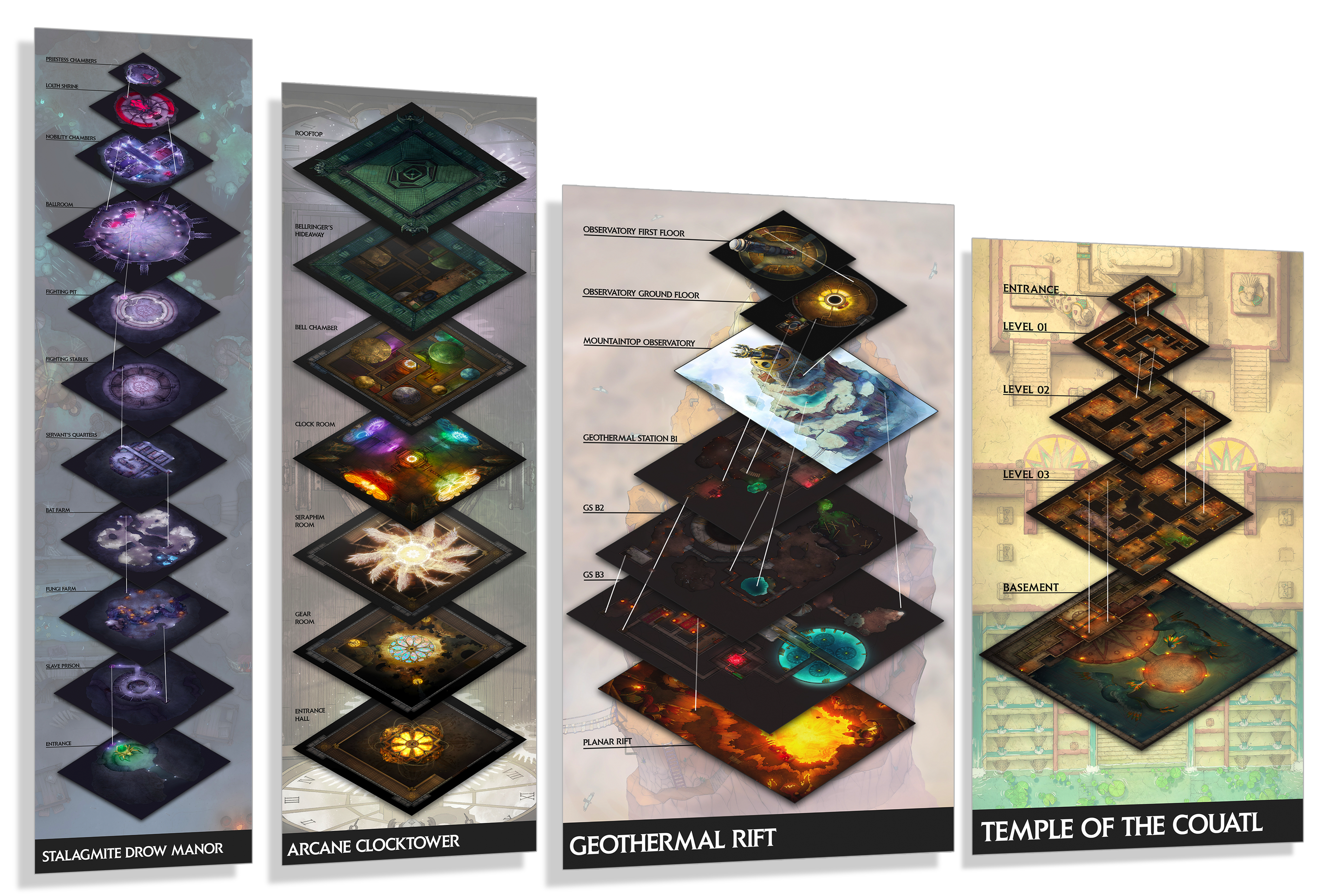 Maps layered on top of each other showing several multi-level dungeons
